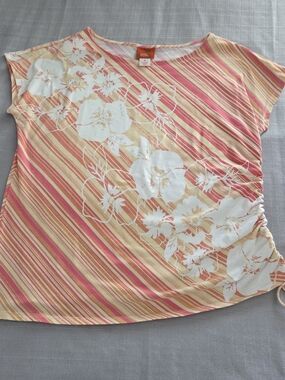 hearts of palm Pink, Yellow & White Striped Floral Short-Sleeve Top